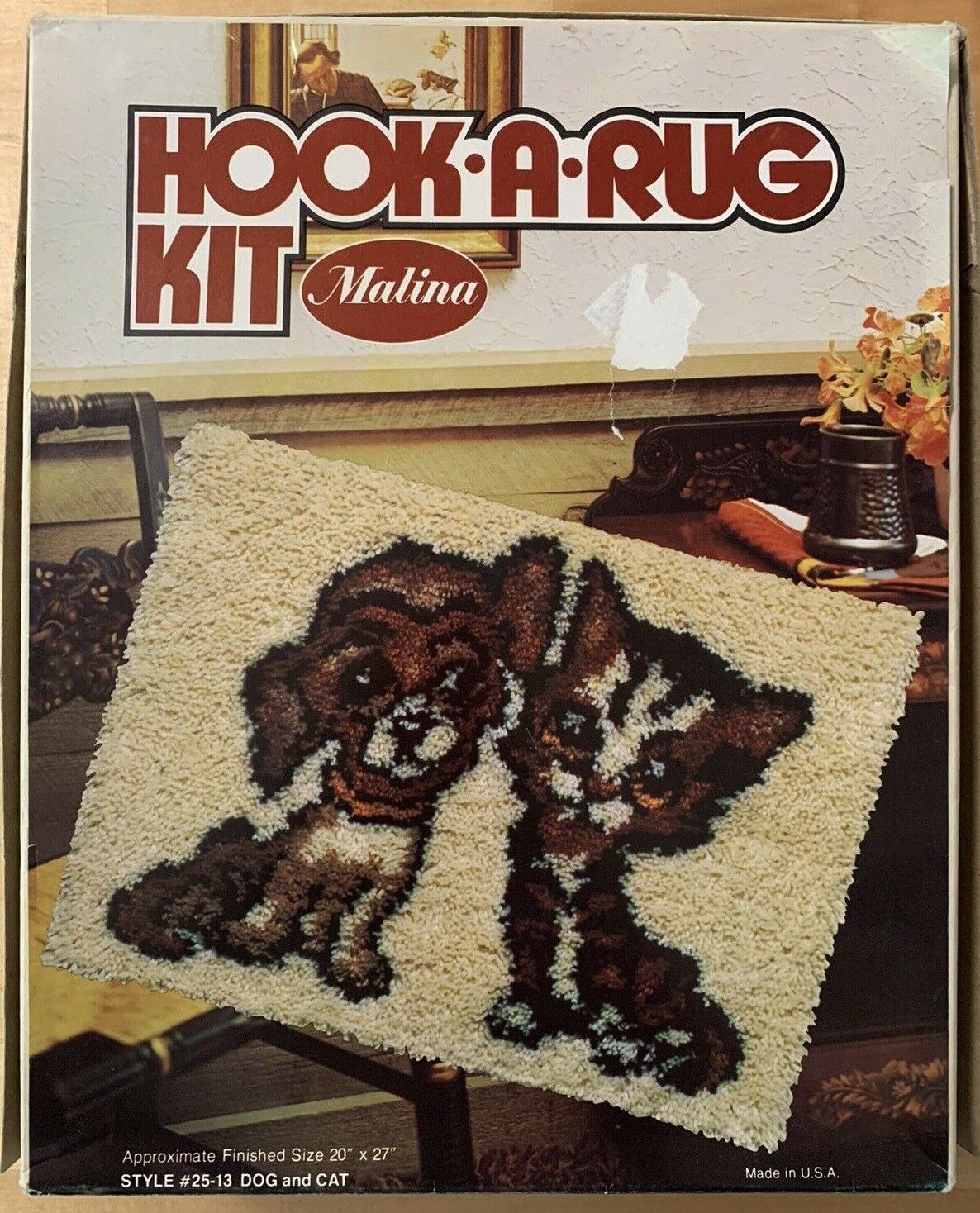 Vintage Malina Hook A Rug Making Kit Dog And Cat ~ Puppy & Kitten Latch Hook Kit