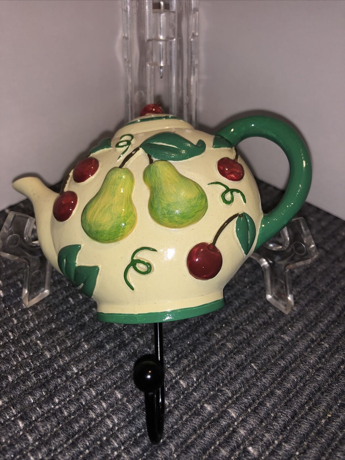 Teapot Resin Hook Cherries Pears Green Red 4x5 Inch