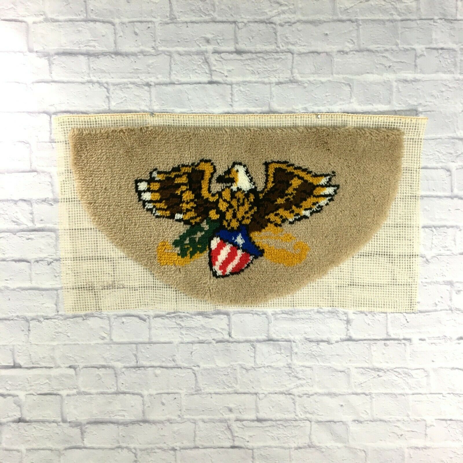 Bald Eagle Shield Vintage Completed Latch Hook Rug 18" X 33" Retro Wall Decor